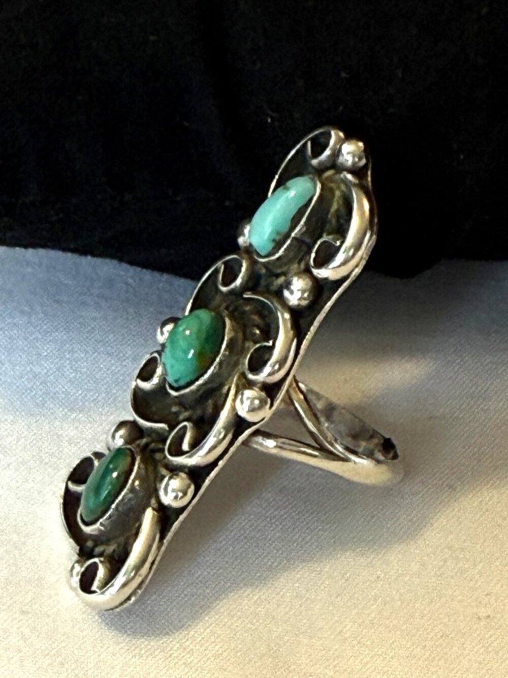 VINTAGE NAVAJO TURQUOISE RING 6 NATURAL BLUE GREEN GEMSTONE STERLING SILVER 12g - Picture 3 of 16